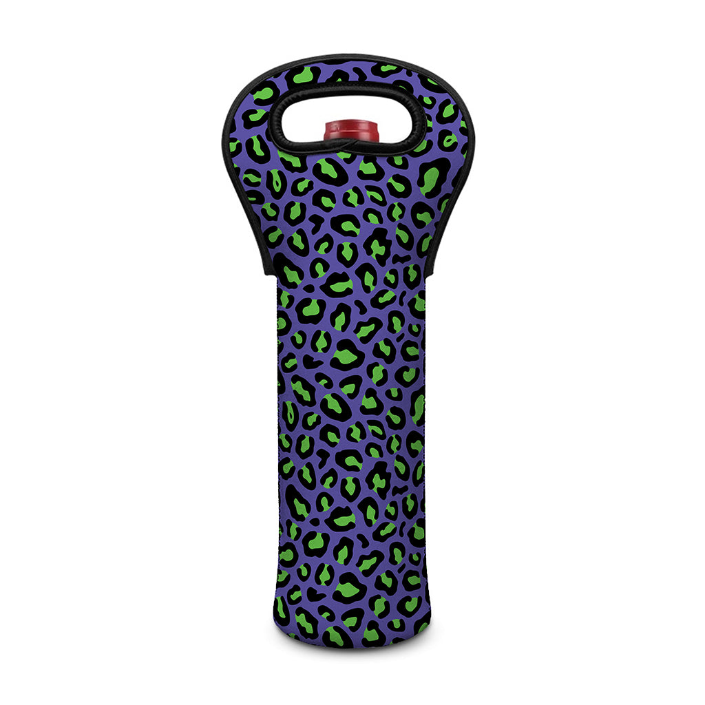 Purple And Green Leopard Pattern Print Single Neoprene Wine Tote