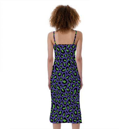 Purple And Green Leopard Pattern Print Slim Fit Midi Cami Dress