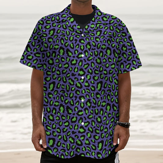 Purple And Green Leopard Pattern Print Textured Short Sleeve Shirt