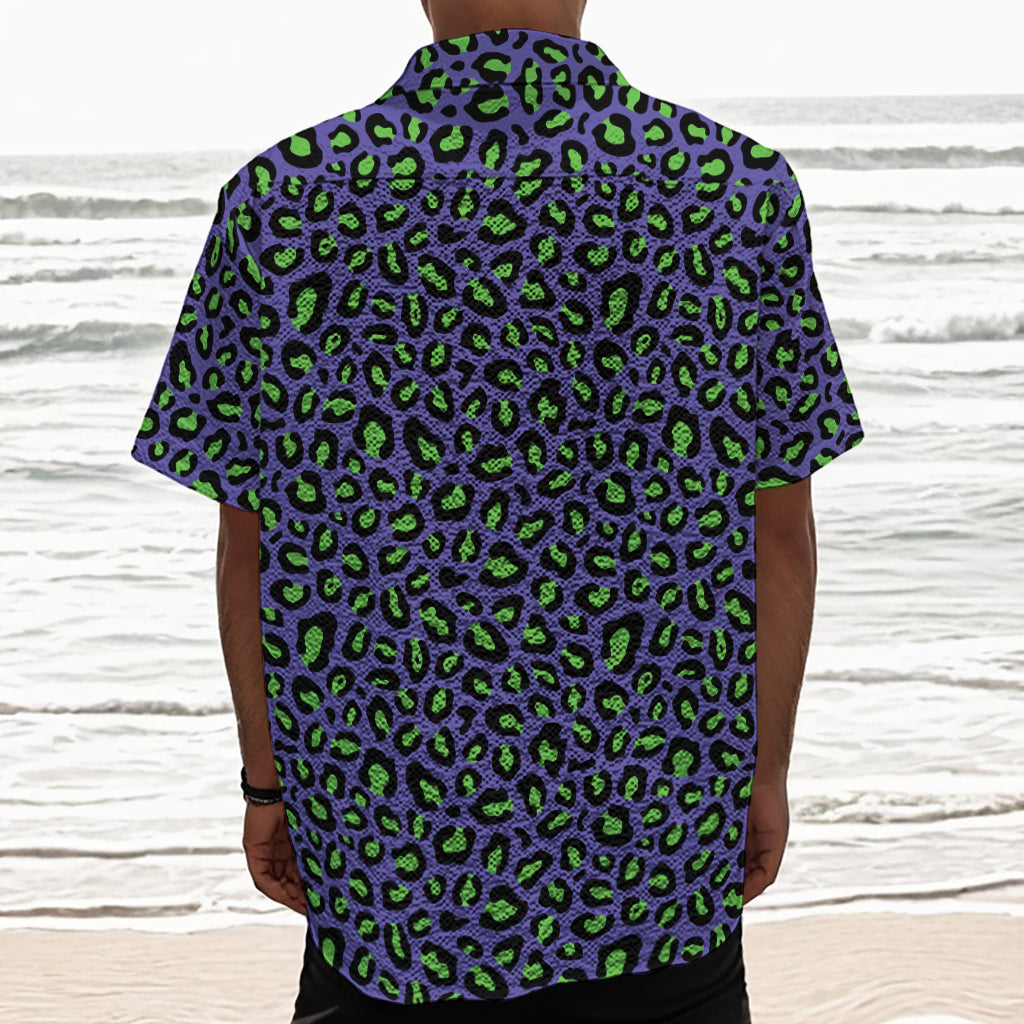 Purple And Green Leopard Pattern Print Textured Short Sleeve Shirt