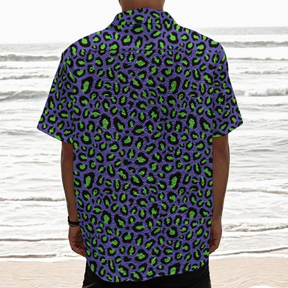 Purple And Green Leopard Pattern Print Textured Short Sleeve Shirt