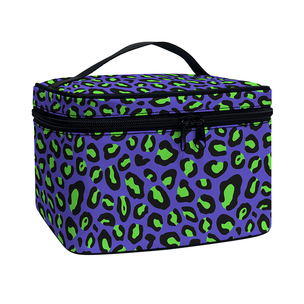 Purple And Green Leopard Pattern Print Travel Makeup Bag