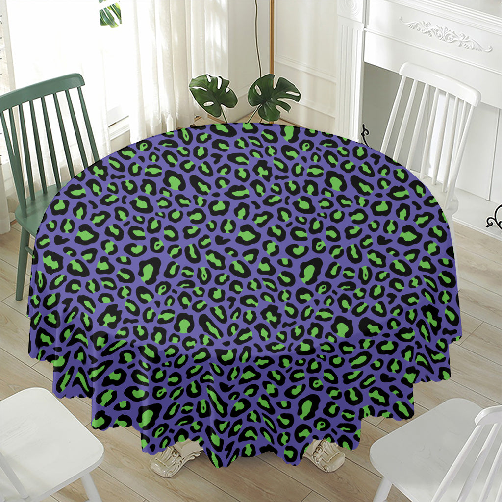 Purple And Green Leopard Pattern Print Waterproof Round Tablecloth