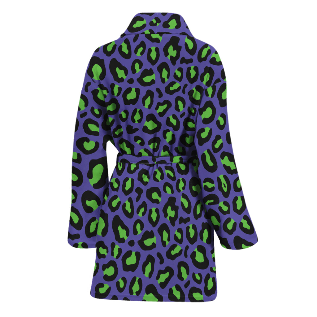 Purple And Green Leopard Pattern Print Women's Bathrobe