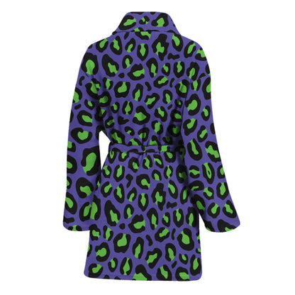 Purple And Green Leopard Pattern Print Women's Bathrobe
