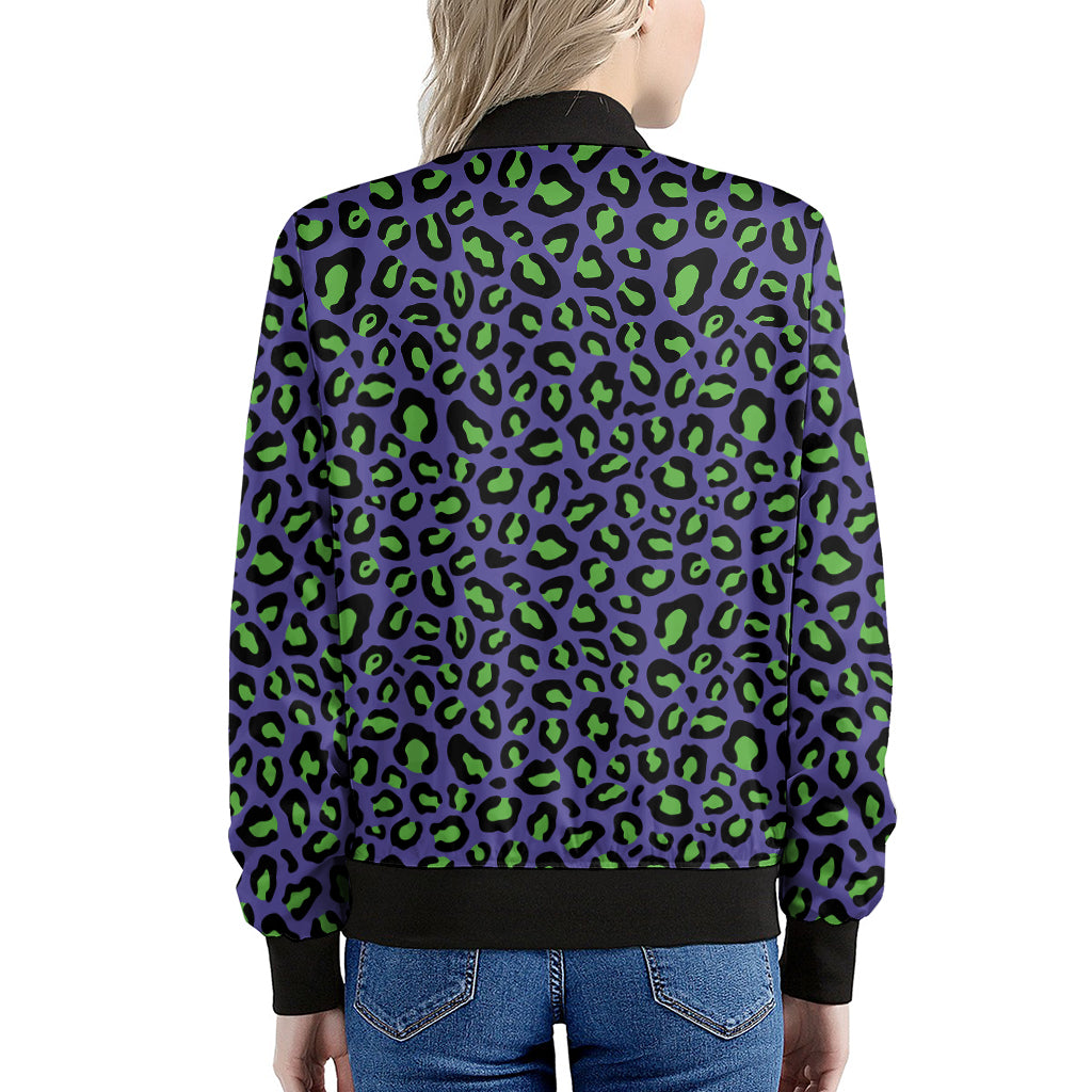 Purple And Green Leopard Pattern Print Women's Bomber Jacket