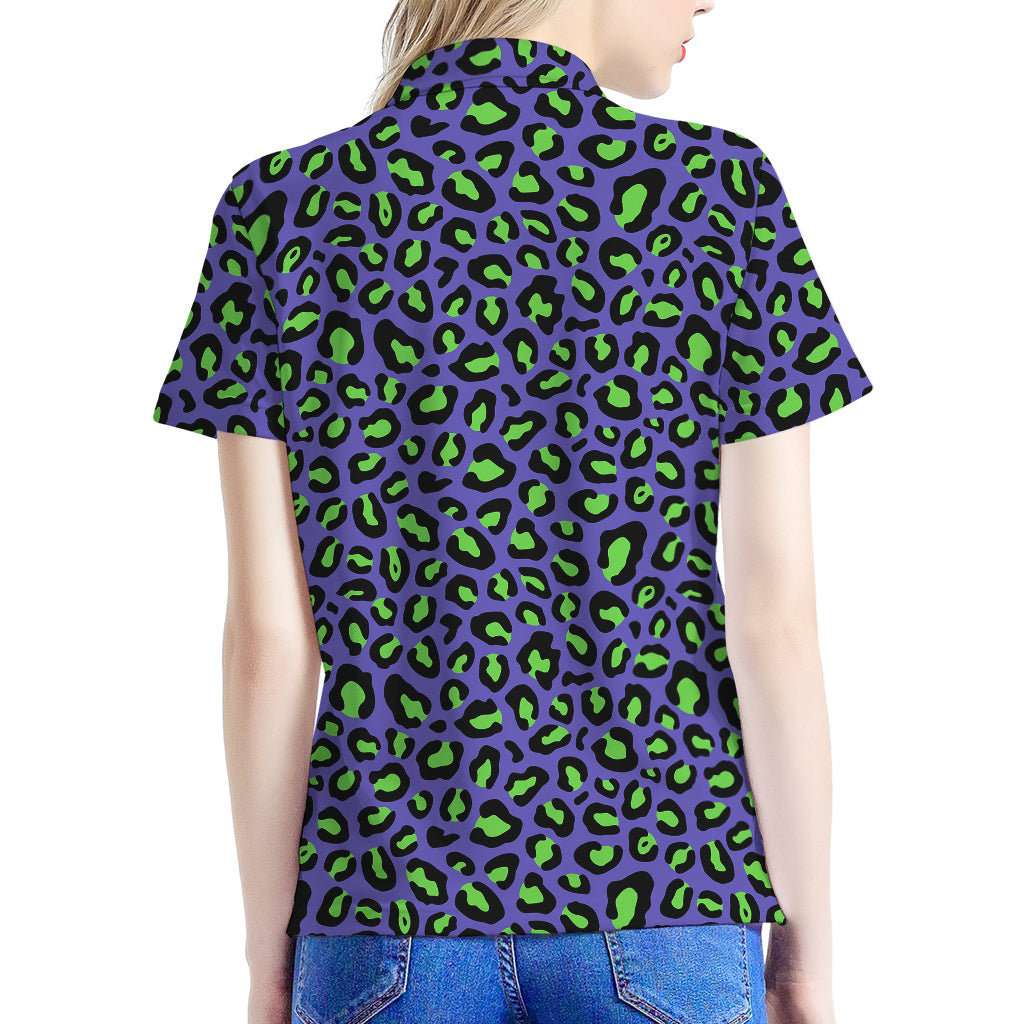 Purple And Green Leopard Pattern Print Women's Polo Shirt