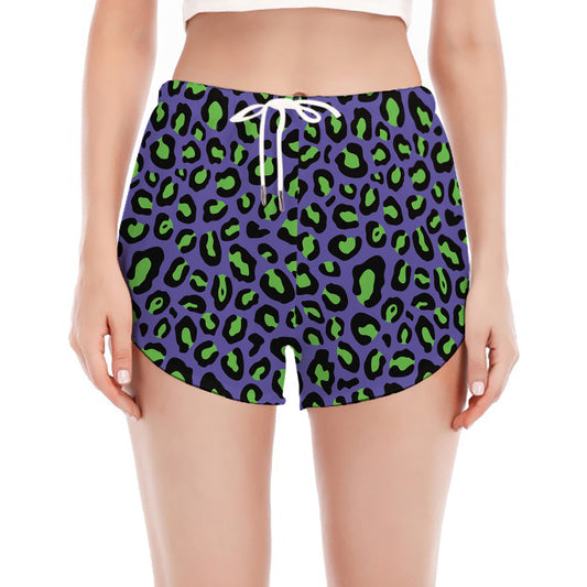 Purple And Green Leopard Pattern Print Women's Split Running Shorts