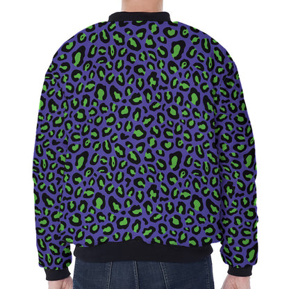 Purple And Green Leopard Pattern Print Zip Sleeve Bomber Jacket