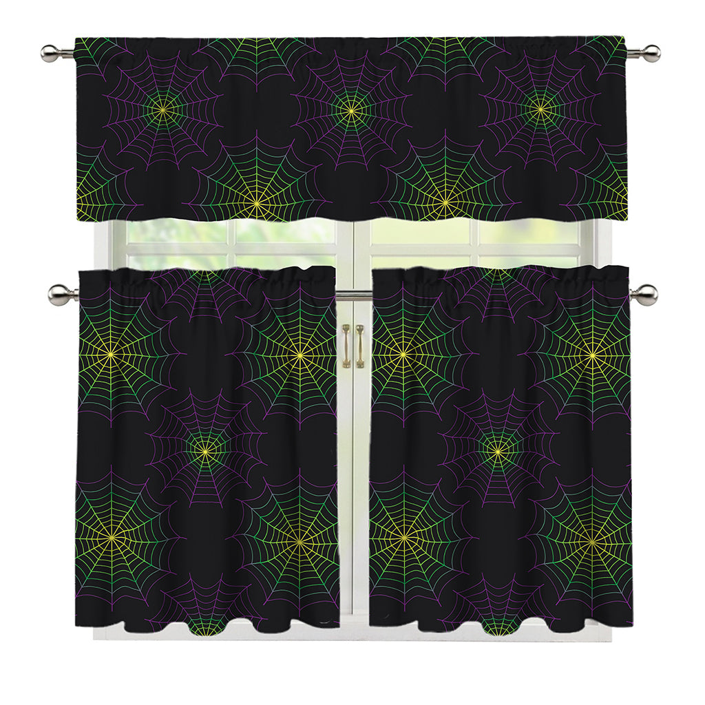 Purple And Green Spider Web Print 3 Piece Kitchen Curtains