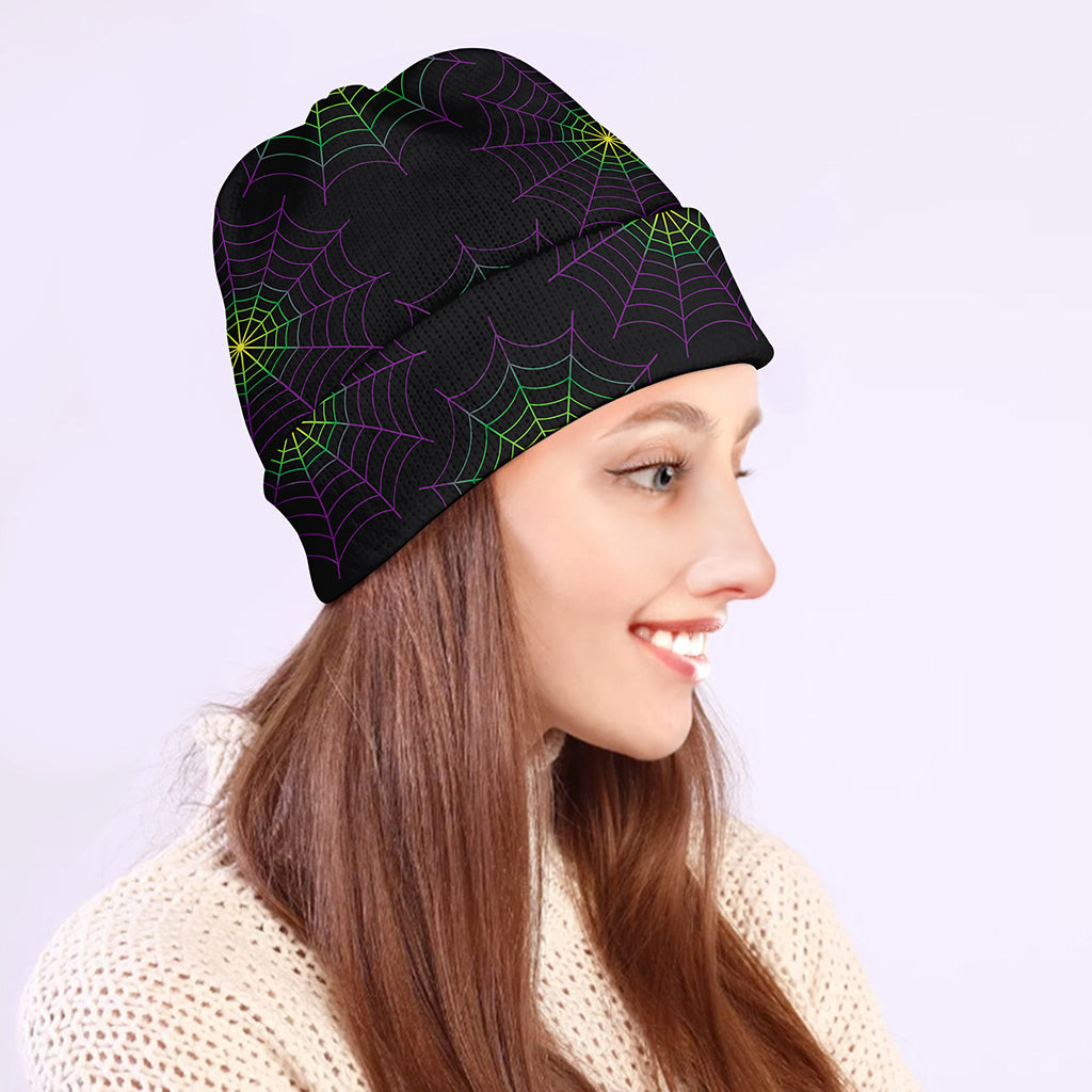 Purple And Green Spider Web Print Beanie