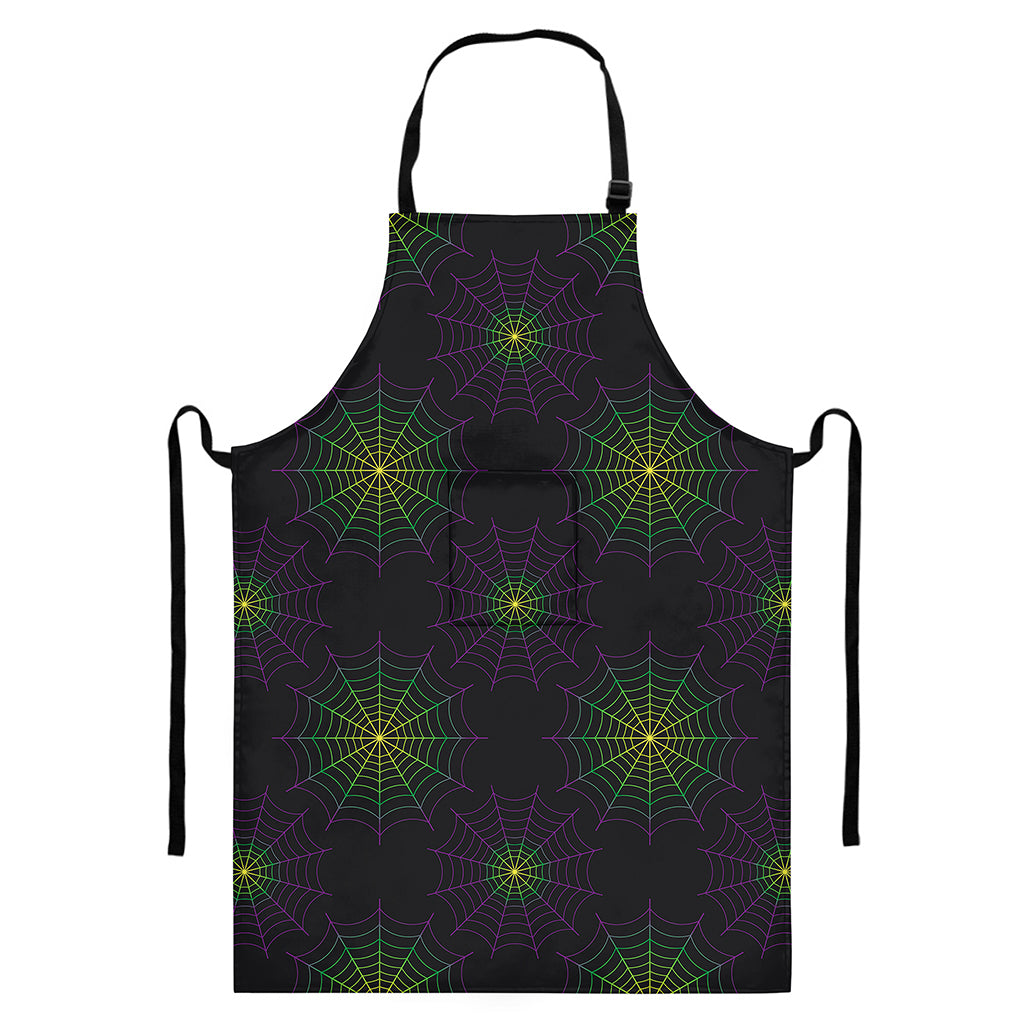 Purple And Green Spider Web Print Bib Apron With Pocket