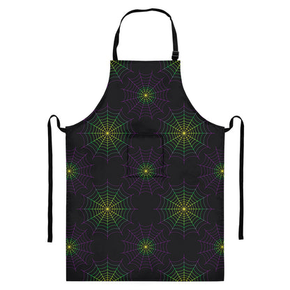 Purple And Green Spider Web Print Bib Apron With Pocket