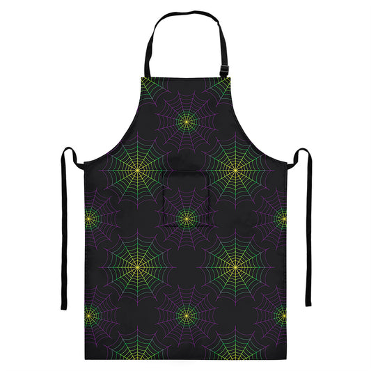 Purple And Green Spider Web Print Bib Apron With Pocket