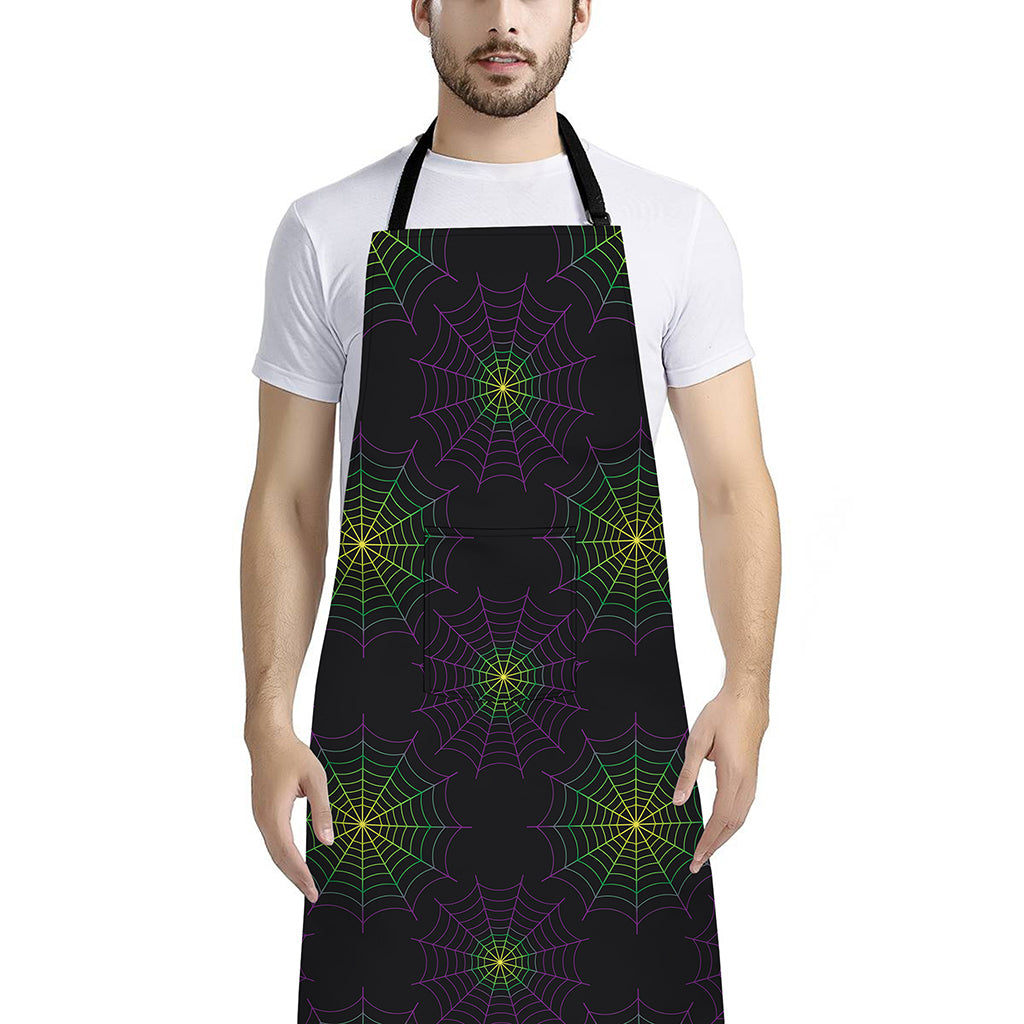 Purple And Green Spider Web Print Bib Apron With Pocket