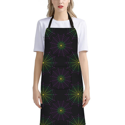 Purple And Green Spider Web Print Bib Apron With Pocket