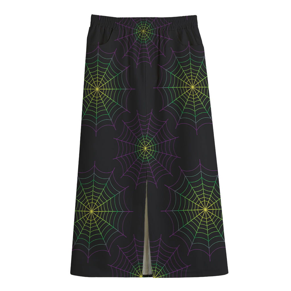 Purple And Green Spider Web Print Cotton Front Slit Maxi Skirt