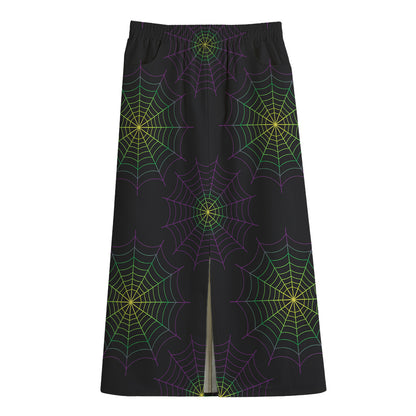 Purple And Green Spider Web Print Cotton Front Slit Maxi Skirt