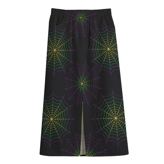 Purple And Green Spider Web Print Cotton Front Slit Maxi Skirt