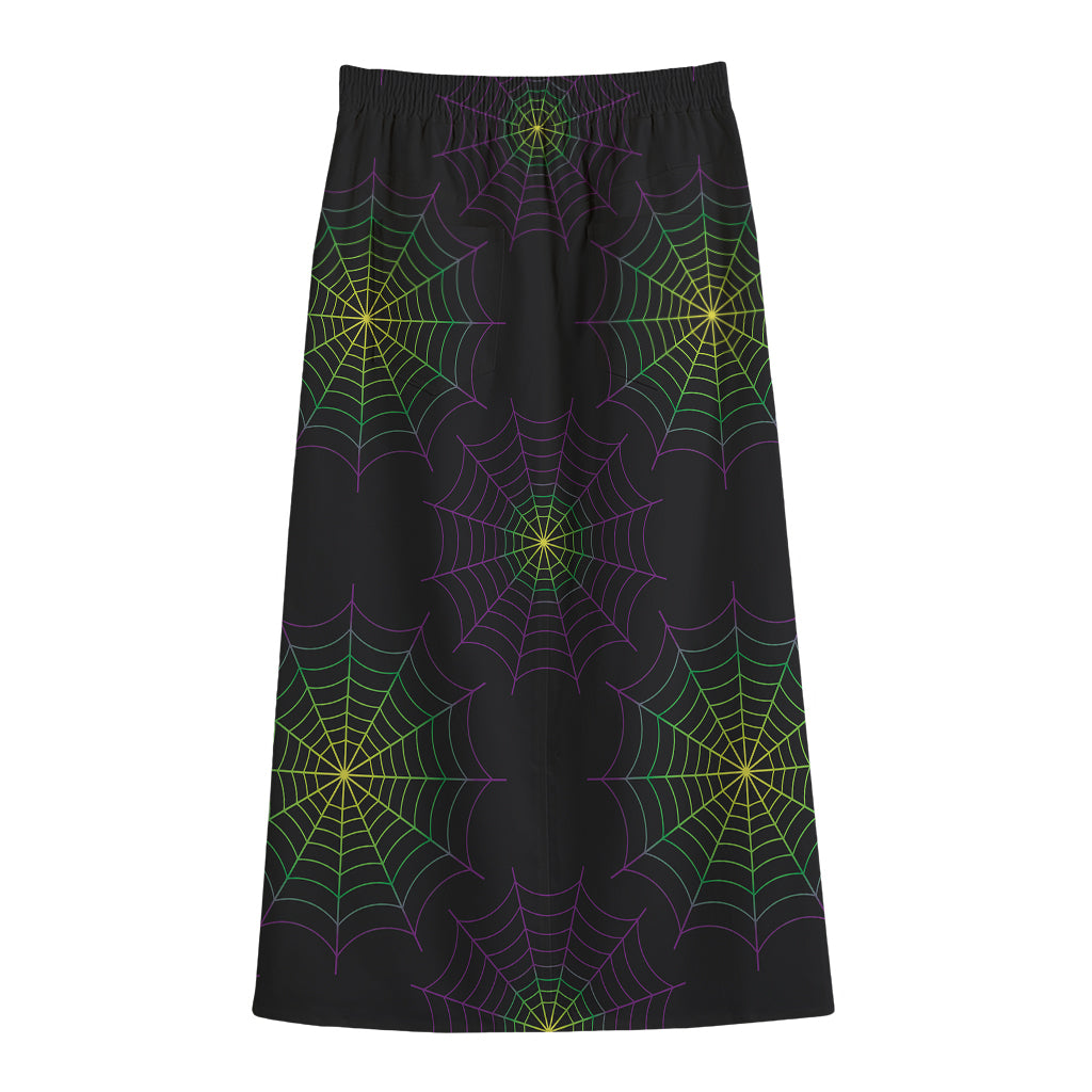 Purple And Green Spider Web Print Cotton Front Slit Maxi Skirt