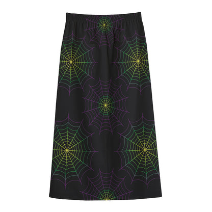 Purple And Green Spider Web Print Cotton Front Slit Maxi Skirt