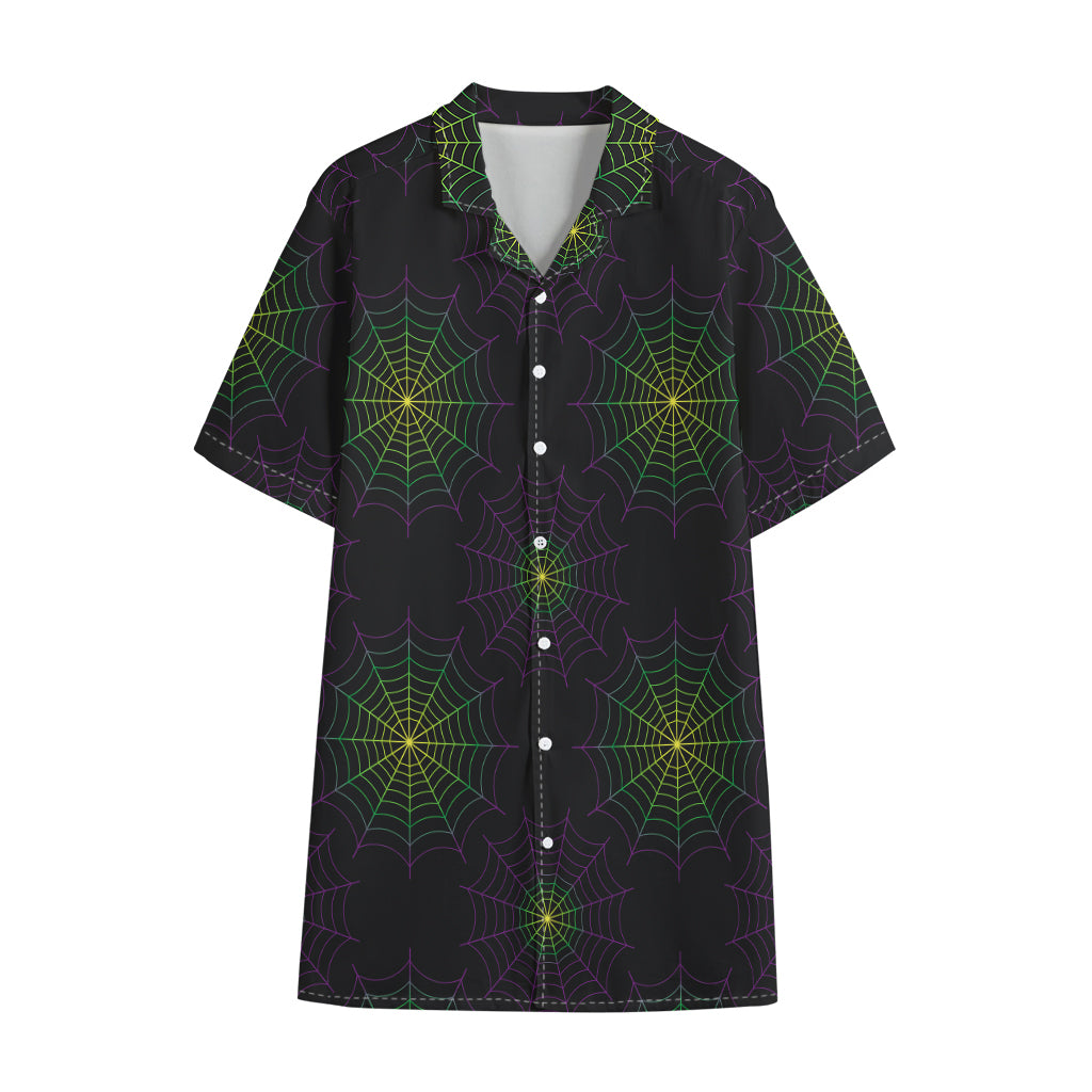 Purple And Green Spider Web Print Cotton Hawaiian Shirt