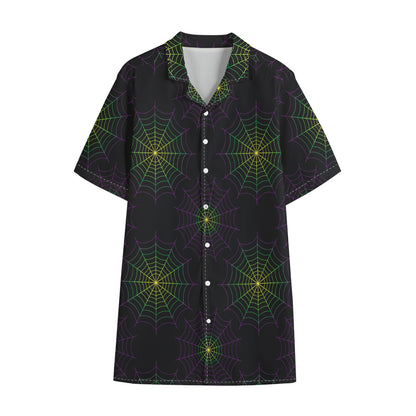 Purple And Green Spider Web Print Cotton Hawaiian Shirt