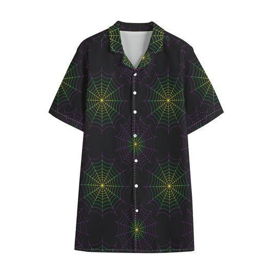 Purple And Green Spider Web Print Cotton Hawaiian Shirt