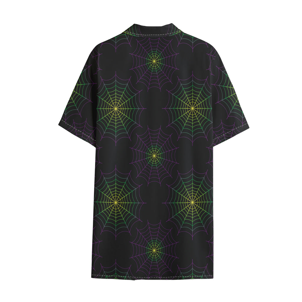 Purple And Green Spider Web Print Cotton Hawaiian Shirt
