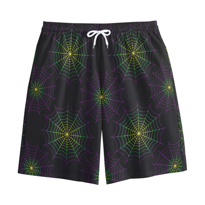 Purple And Green Spider Web Print Cotton Shorts