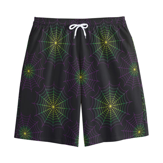 Purple And Green Spider Web Print Cotton Shorts