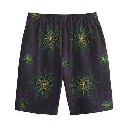Purple And Green Spider Web Print Cotton Shorts