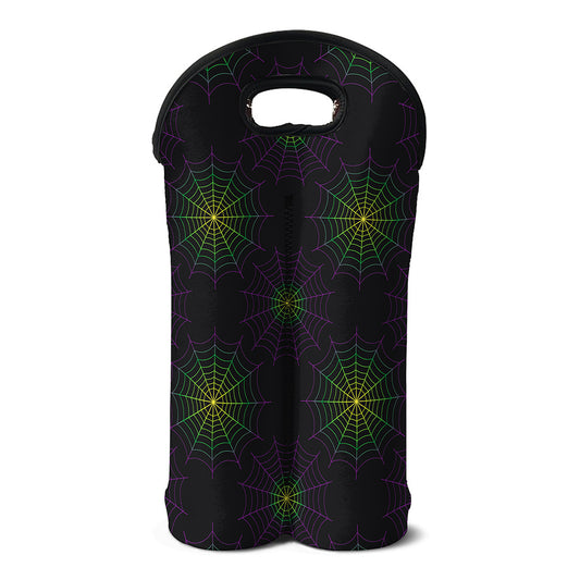 Purple And Green Spider Web Print Double Neoprene Wine Tote