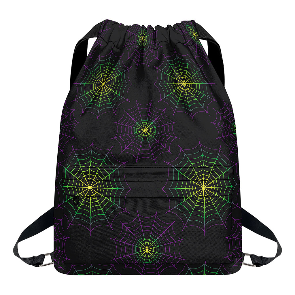 Purple And Green Spider Web Print Drawstring Backpack