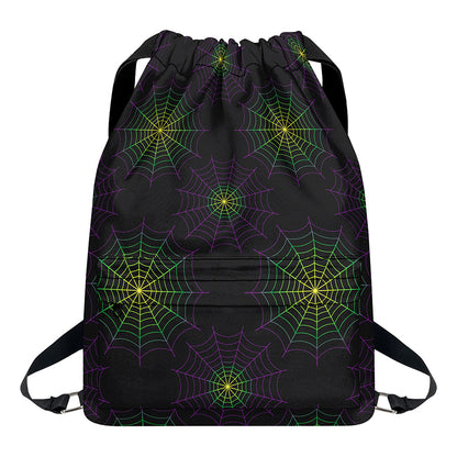 Purple And Green Spider Web Print Drawstring Backpack