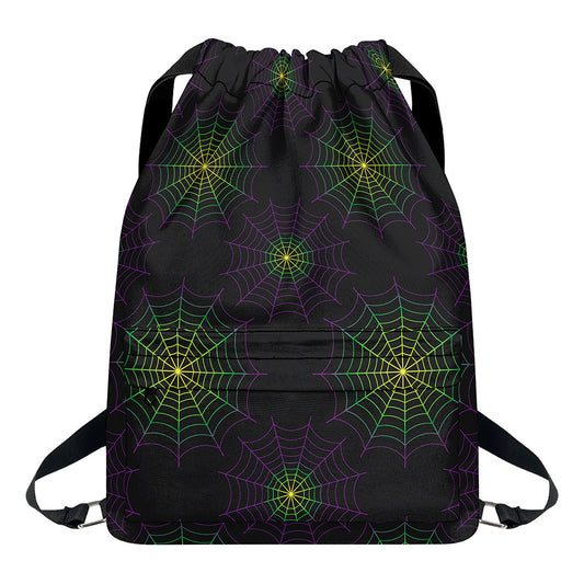 Purple And Green Spider Web Print Drawstring Backpack