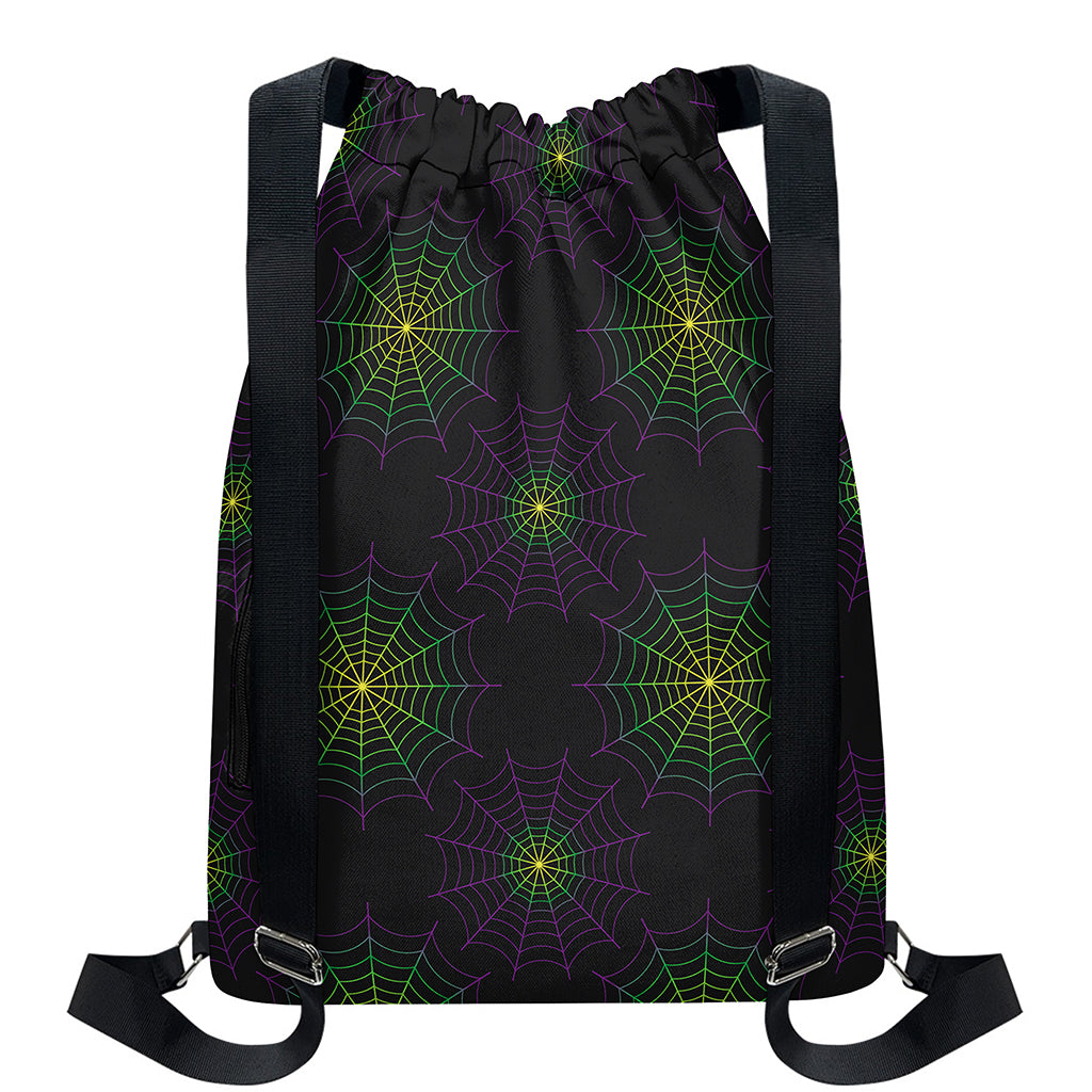 Purple And Green Spider Web Print Drawstring Backpack