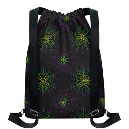 Purple And Green Spider Web Print Drawstring Backpack