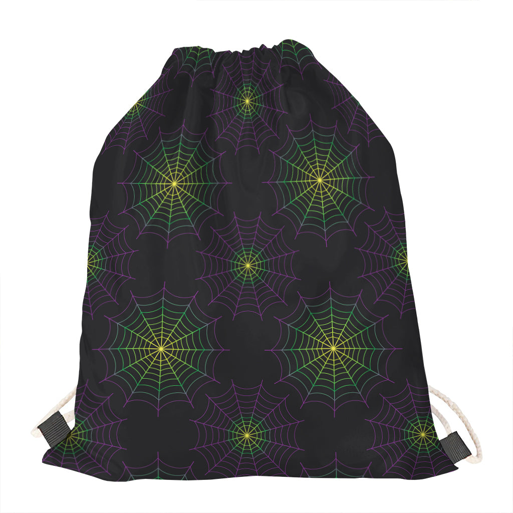 Purple And Green Spider Web Print Drawstring Bag
