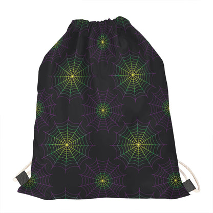 Purple And Green Spider Web Print Drawstring Bag