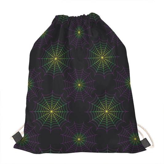 Purple And Green Spider Web Print Drawstring Bag
