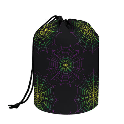 Purple And Green Spider Web Print Drawstring Makeup Bag