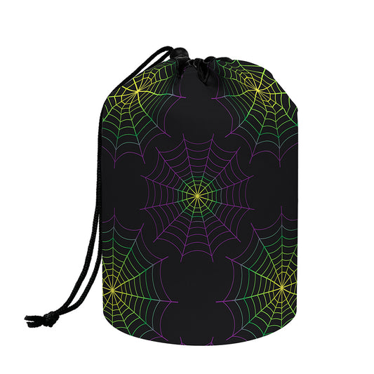 Purple And Green Spider Web Print Drawstring Makeup Bag