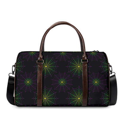 Purple And Green Spider Web Print Duffle Bag