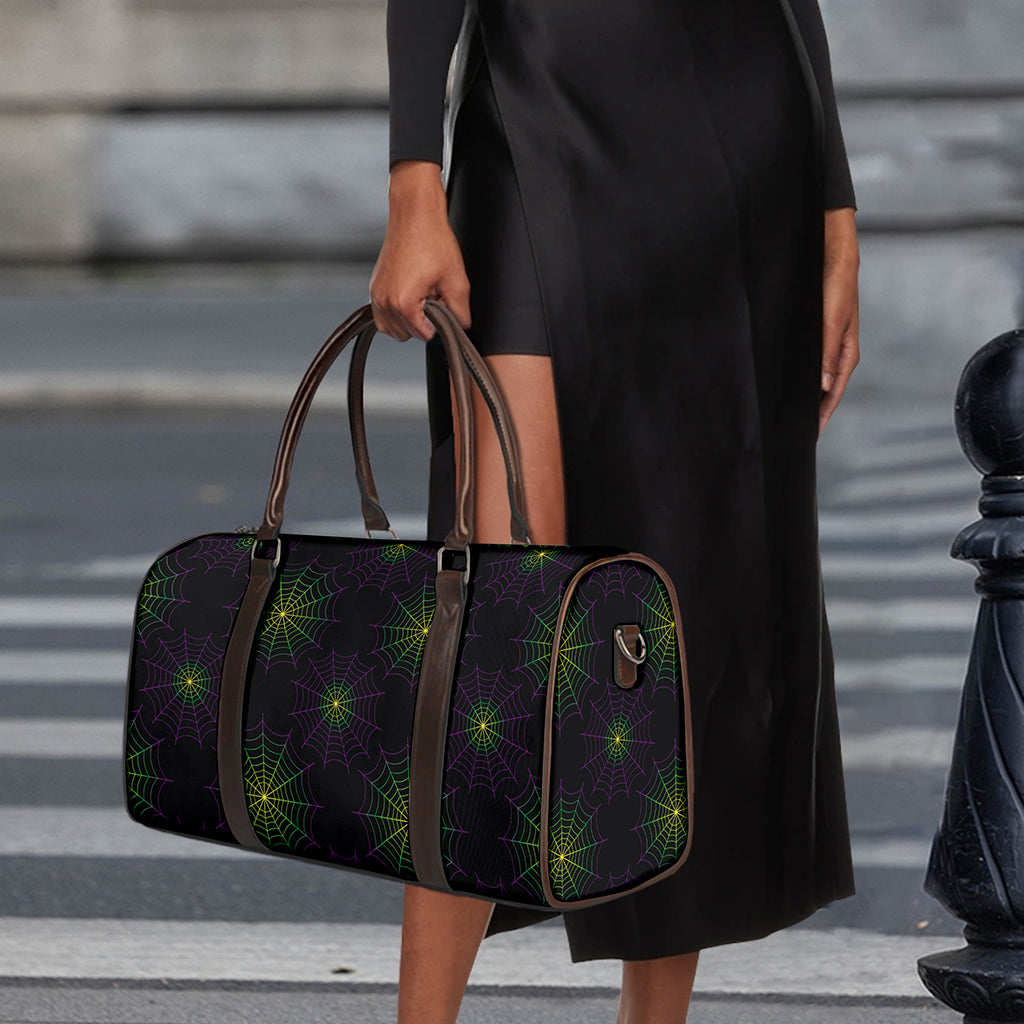 Purple And Green Spider Web Print Duffle Bag
