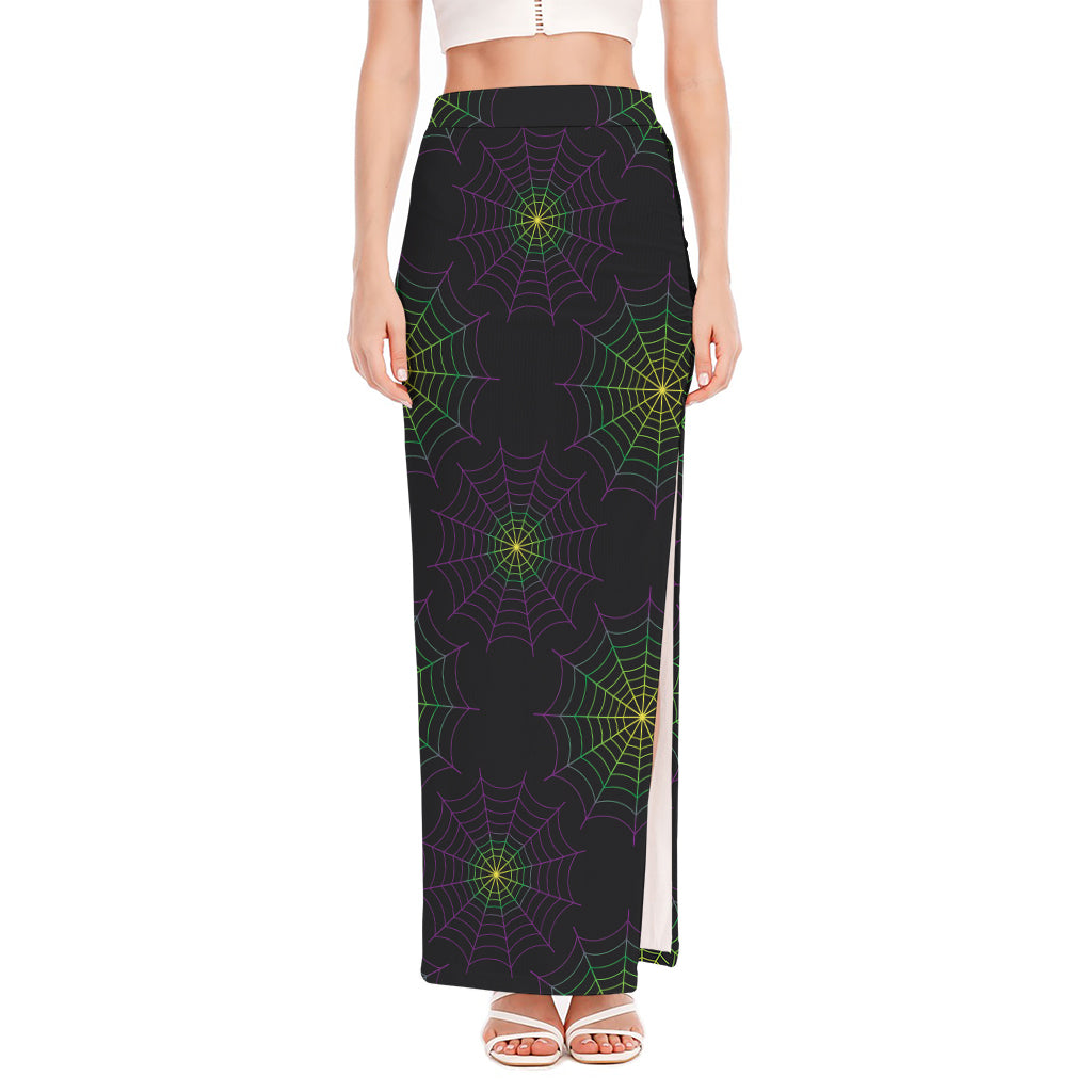 Purple And Green Spider Web Print High Slit Maxi Skirt