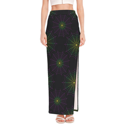 Purple And Green Spider Web Print High Slit Maxi Skirt