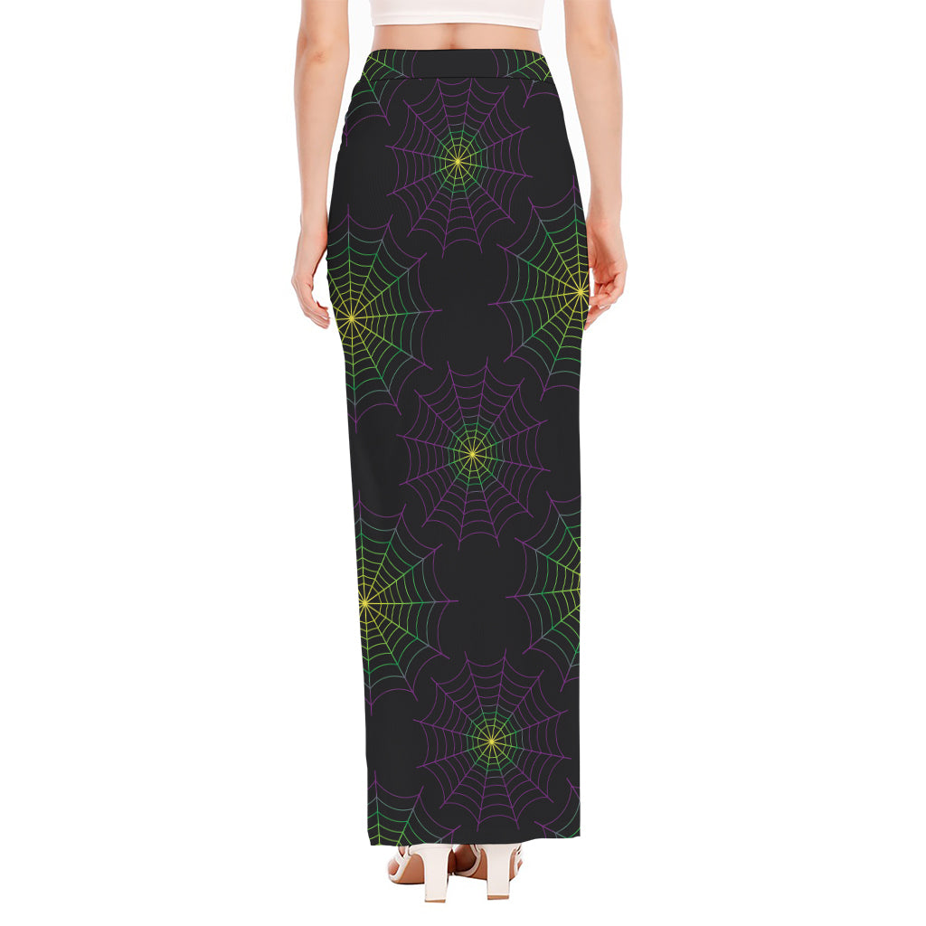 Purple And Green Spider Web Print High Slit Maxi Skirt