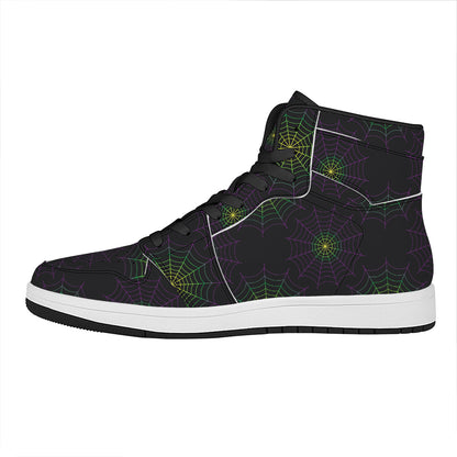 Purple And Green Spider Web Print High Top Leather Sneakers
