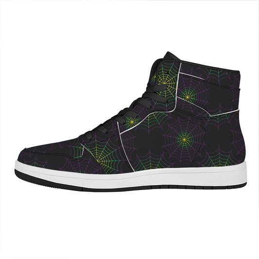 Purple And Green Spider Web Print High Top Leather Sneakers